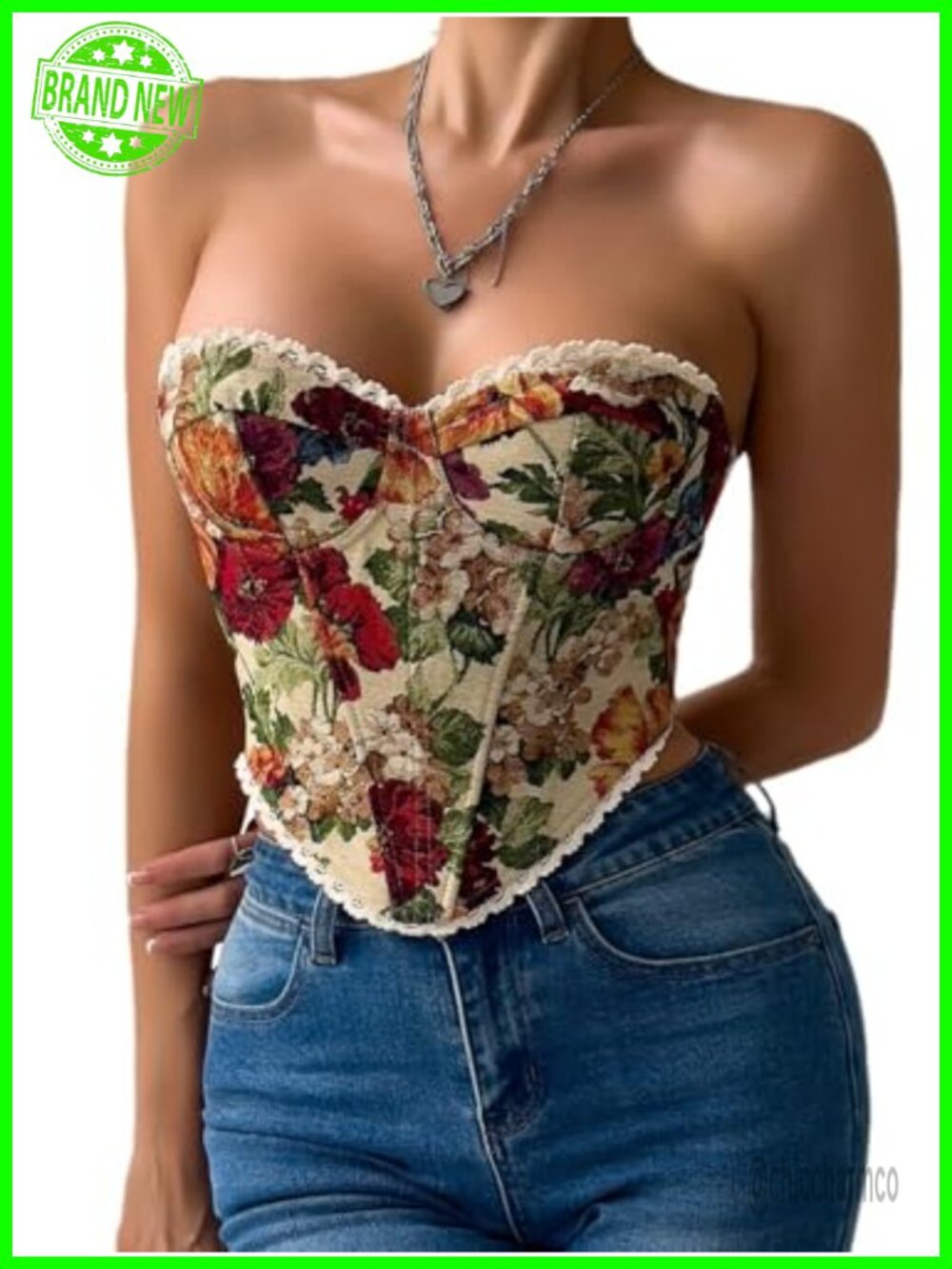 Vintage Floral Strapless Corset Top Lace Trim Lace-up Sweetheart Bustier Crop